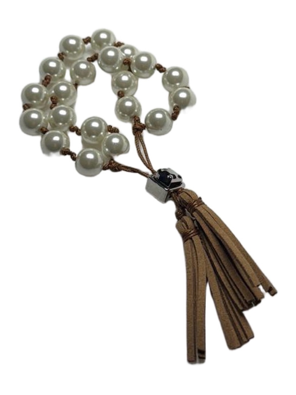 Pearl Bead Tassel Bracelet Necklace - White and Tan
